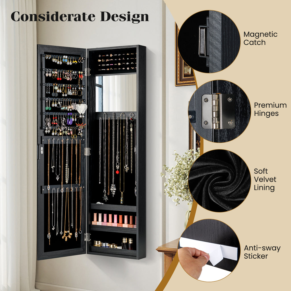 Jewelry Cabinet with Mirror & Shelves – Wall/Door Mount, Black