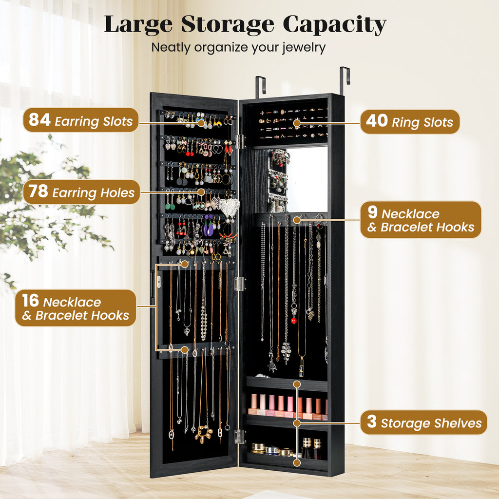 Jewelry Cabinet with Mirror & Shelves – Wall/Door Mount, Black