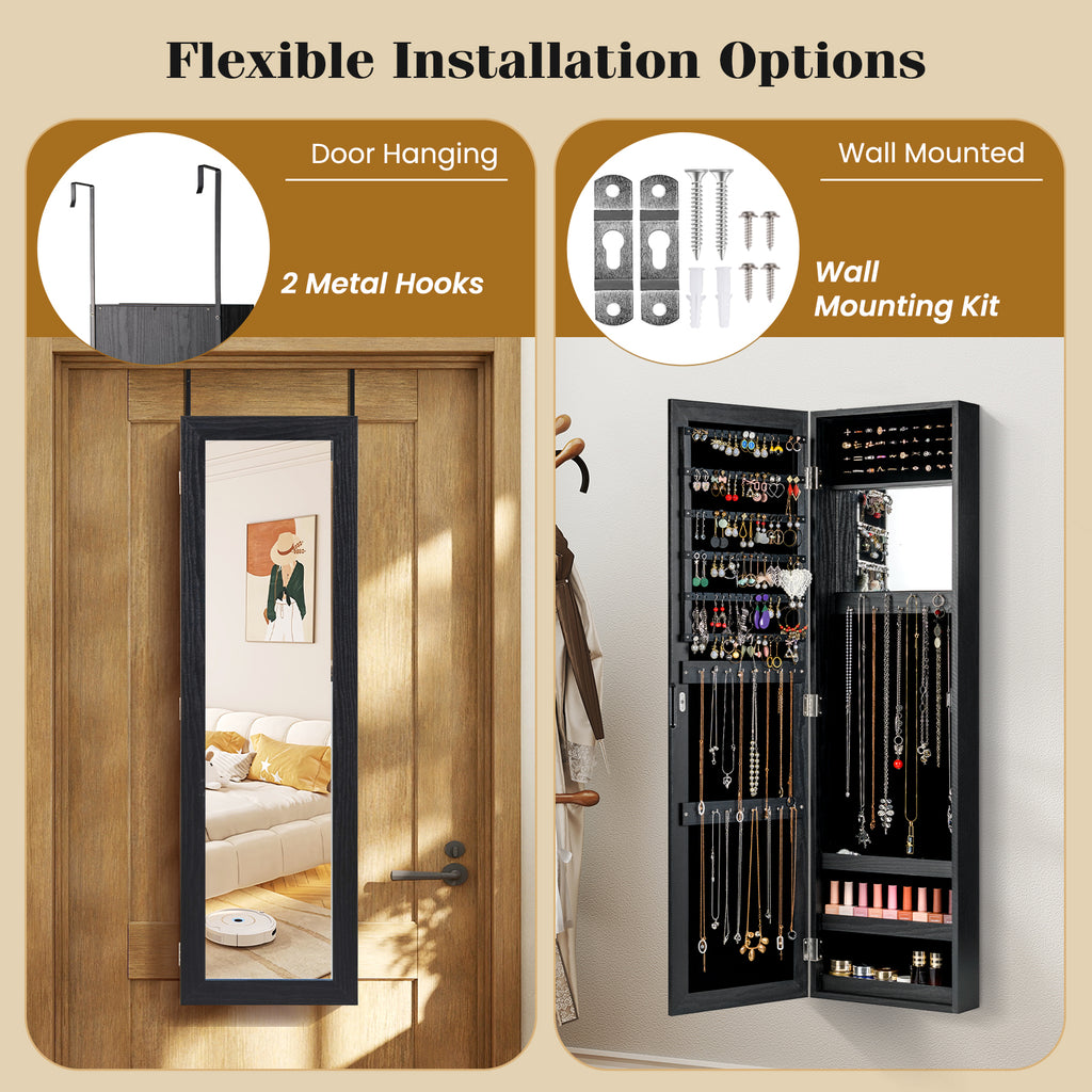 Jewelry Cabinet with Mirror & Shelves – Wall/Door Mount, Black