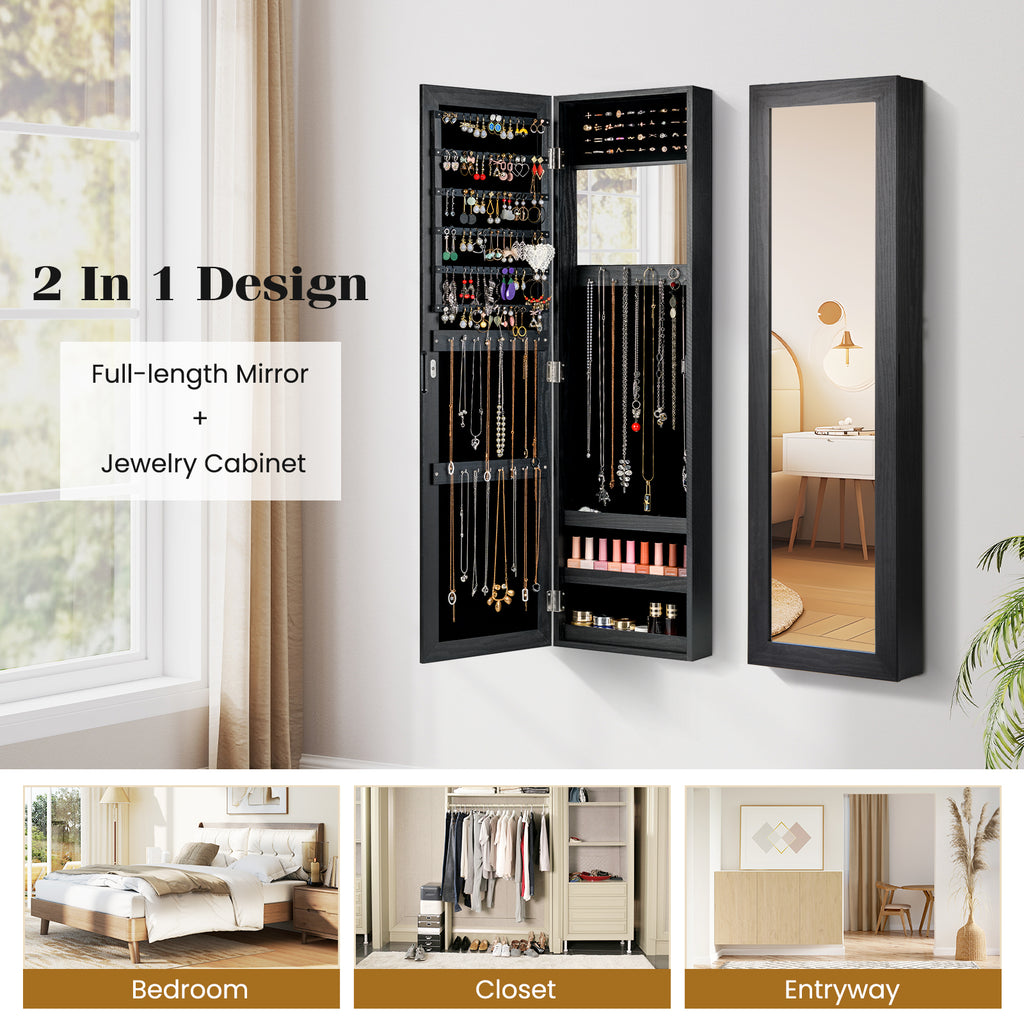 Jewelry Cabinet with Mirror & Shelves – Wall/Door Mount, Black