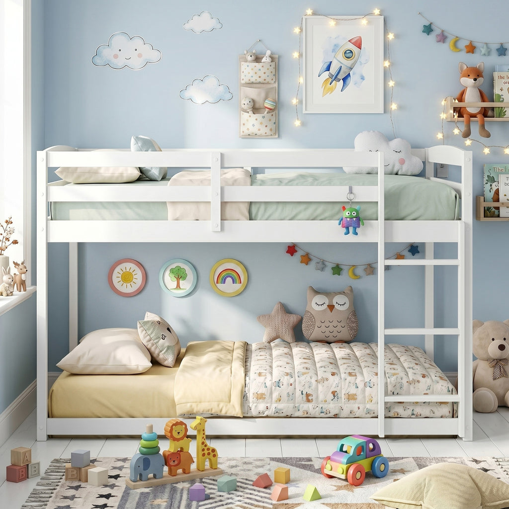 Full Over Full Bunk Bed with Guardrails - White