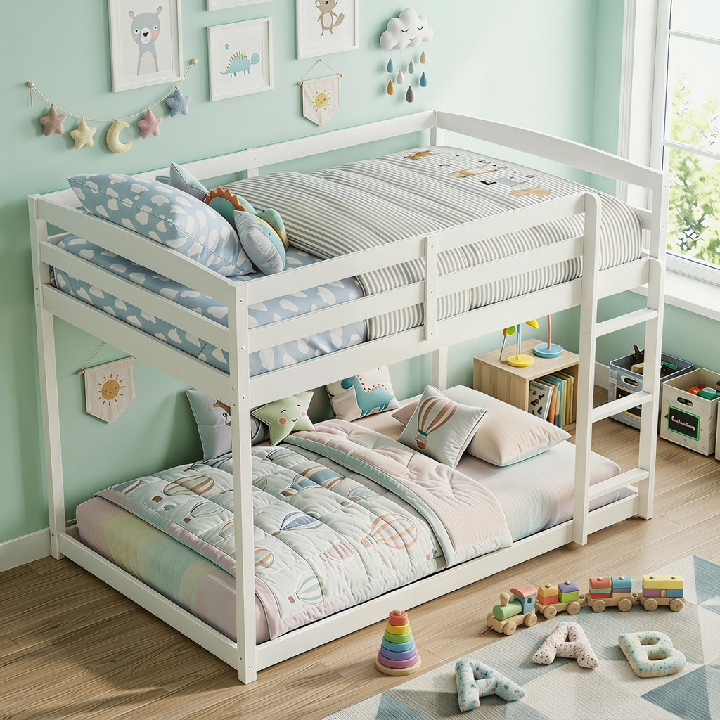 Full Over Full Bunk Bed with Guardrails - White