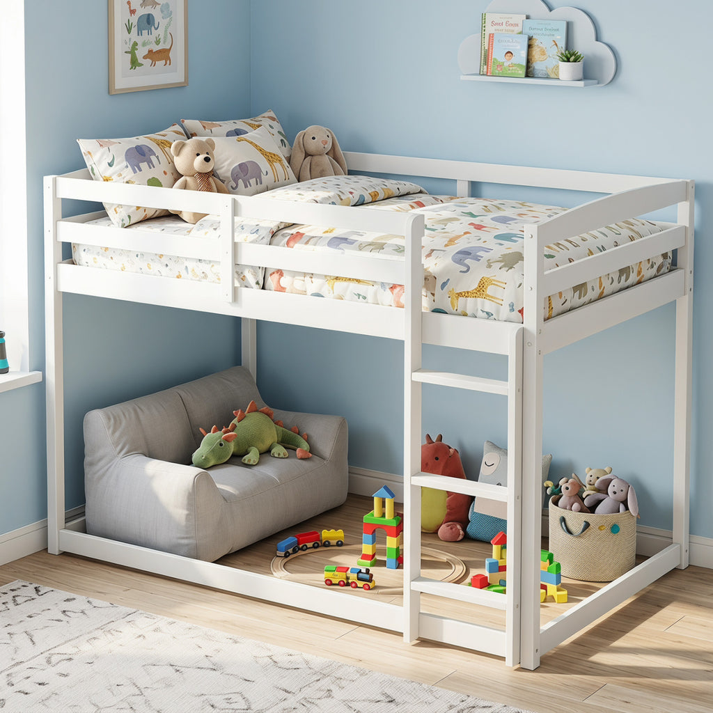 Full Over Full Bunk Bed with Guardrails - White