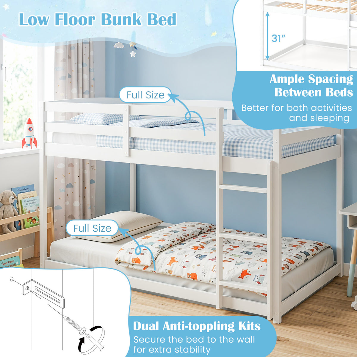 Full Over Full Bunk Bed with Guardrails - White