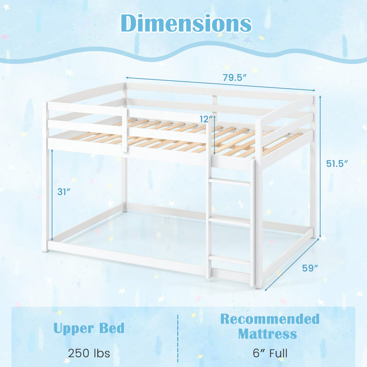 Full Over Full Bunk Bed with Guardrails - White