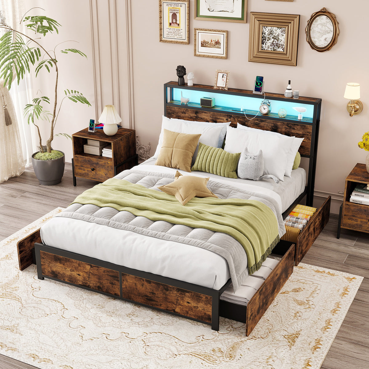 LED Bed Frame with Charging Station & 4 Storage Drawers – Full/Queen, Industrial