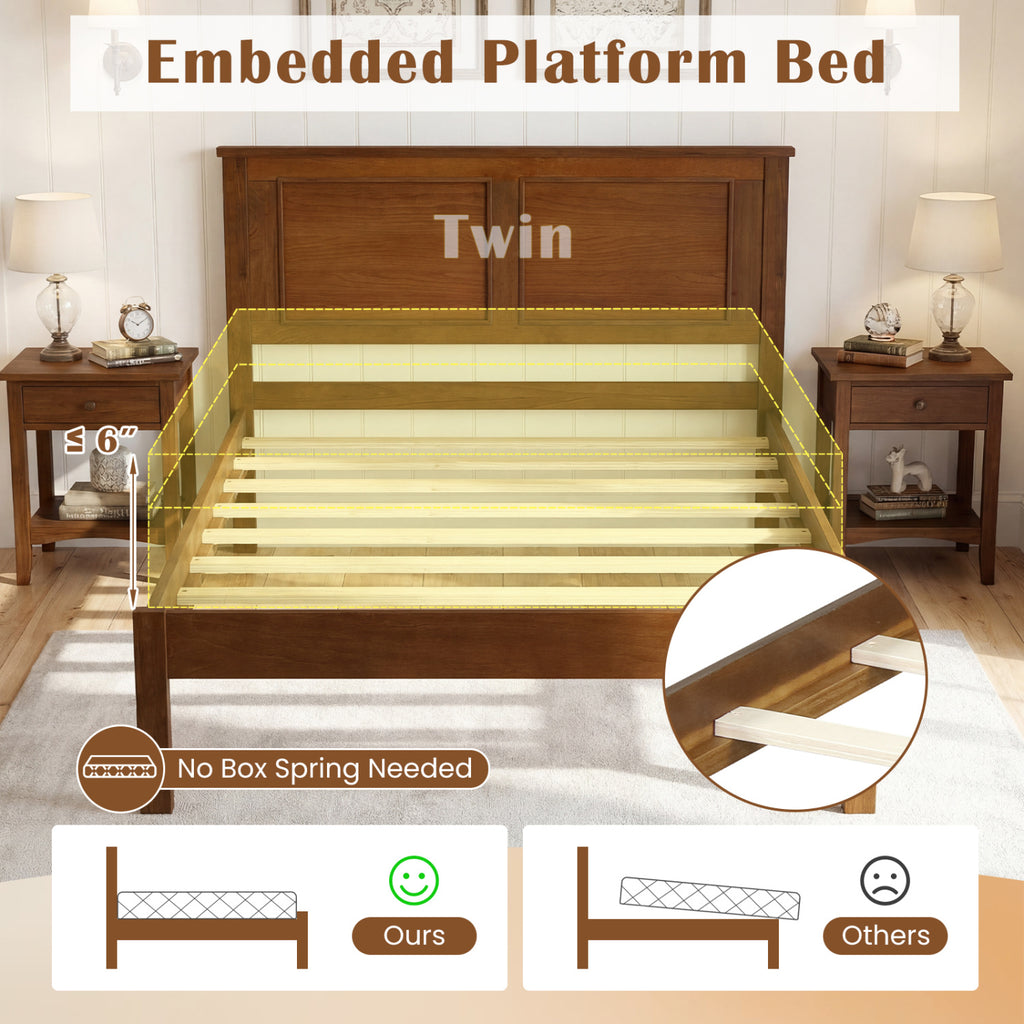 Twin Size Farmhouse Wooden Platform Bed with Headboard - Brown
