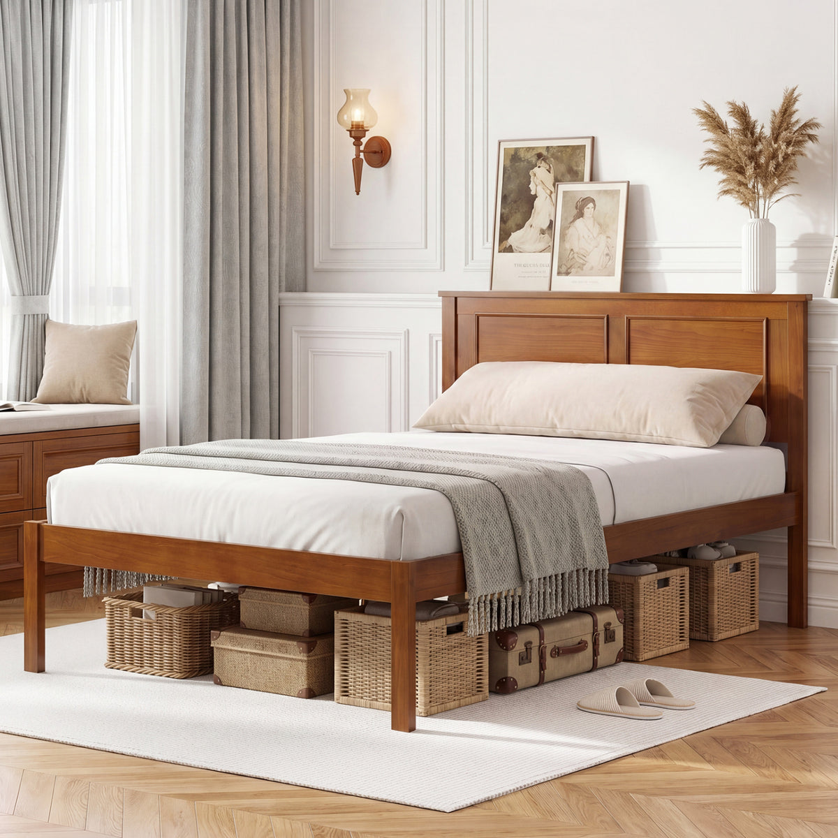 Twin Size Farmhouse Wooden Platform Bed with Headboard - Brown