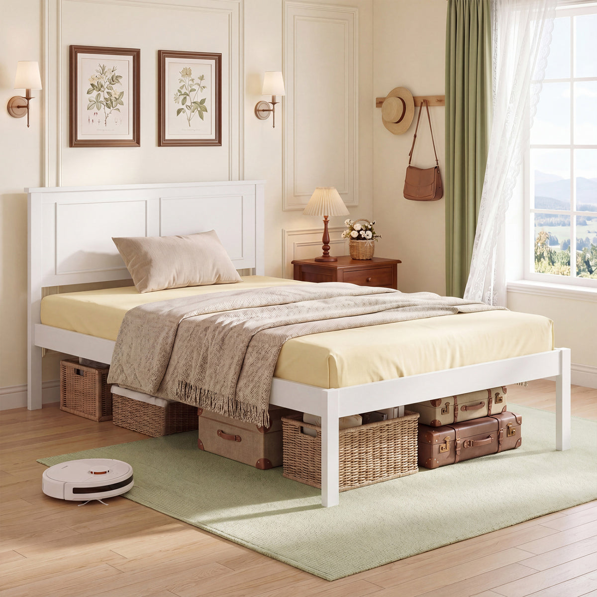 Farmhouse White Twin Size Wooden Platform Bed with Headboard