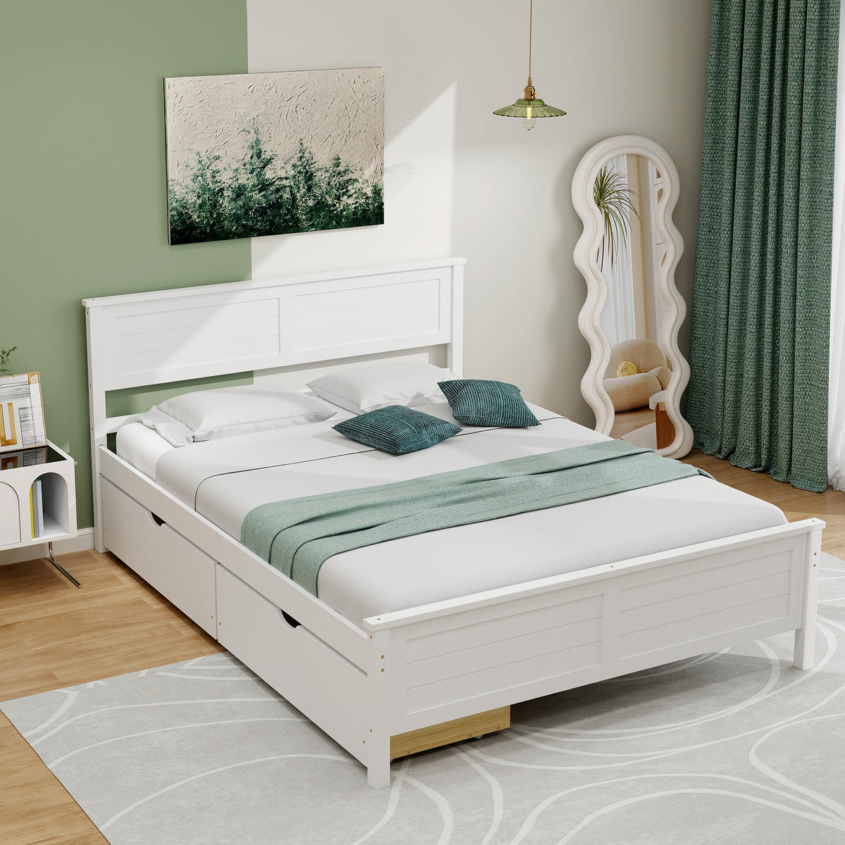 Full Size Bed Frame with Storage Drawers - White