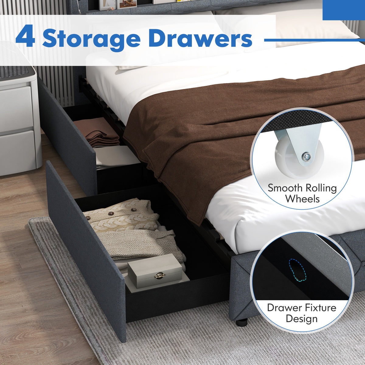 Full Size Bed Frame with Storage Drawers - White