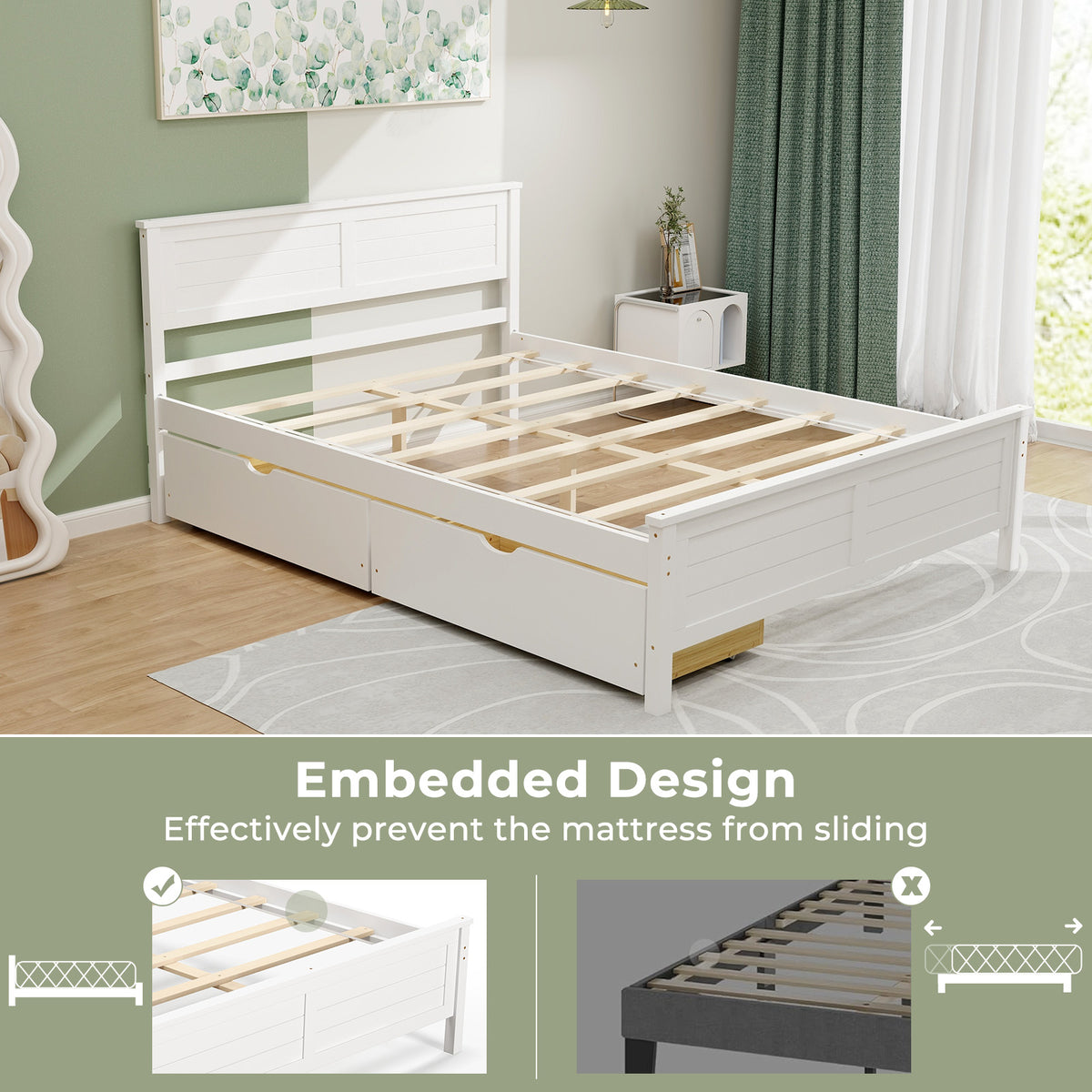 Full Size Bed Frame with Storage Drawers - White