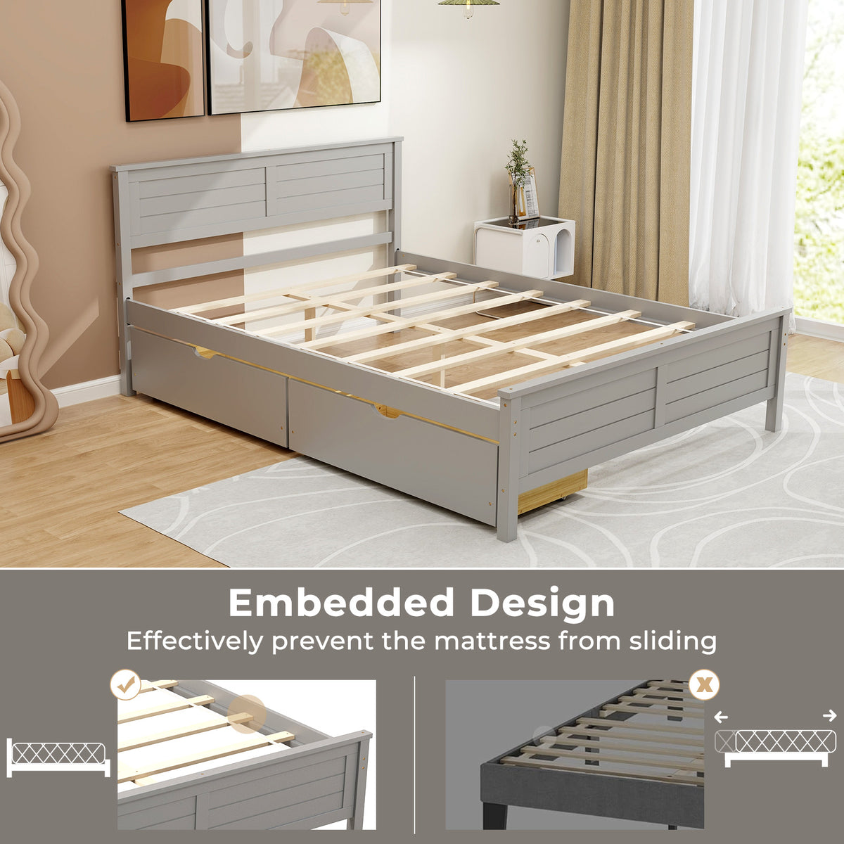 Full Size Bed Frame with Storage Drawers, Gray