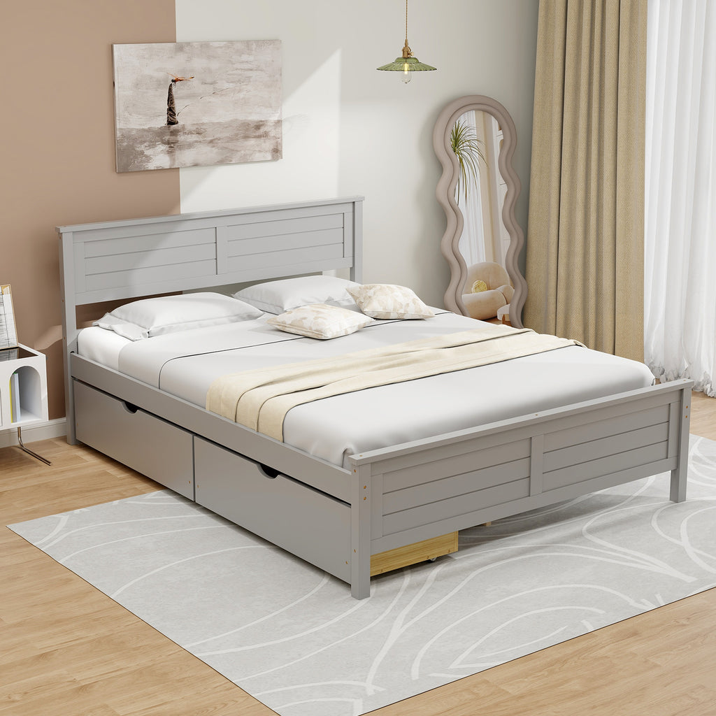 Full Size Bed Frame with Storage Drawers, Gray