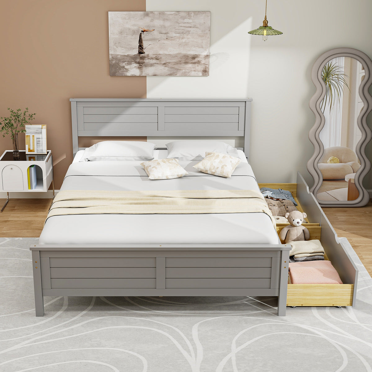 Full Size Bed Frame with Storage Drawers, Gray