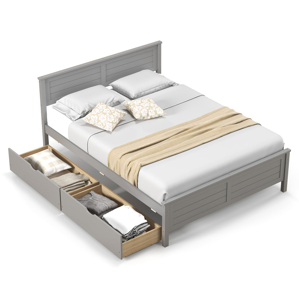 Full Size Bed Frame with Storage Drawers, Gray