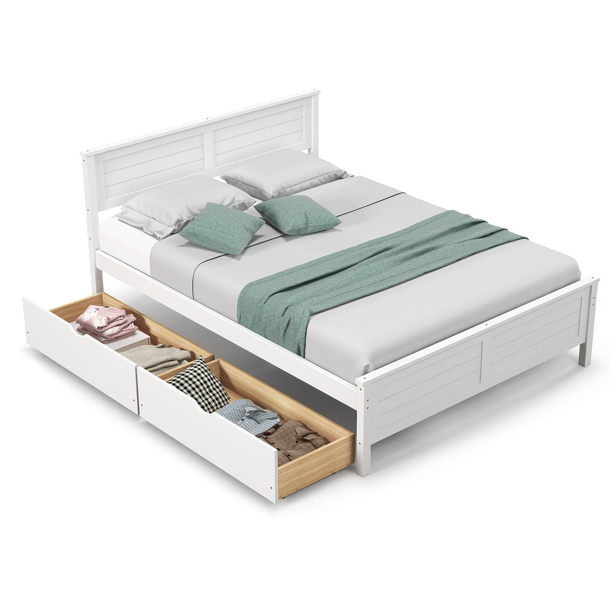 Full Size Bed Frame with Storage Drawers - White