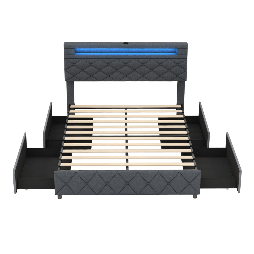 Twin Size Bed Frame with LED Lights, Drawers & Metal Slats