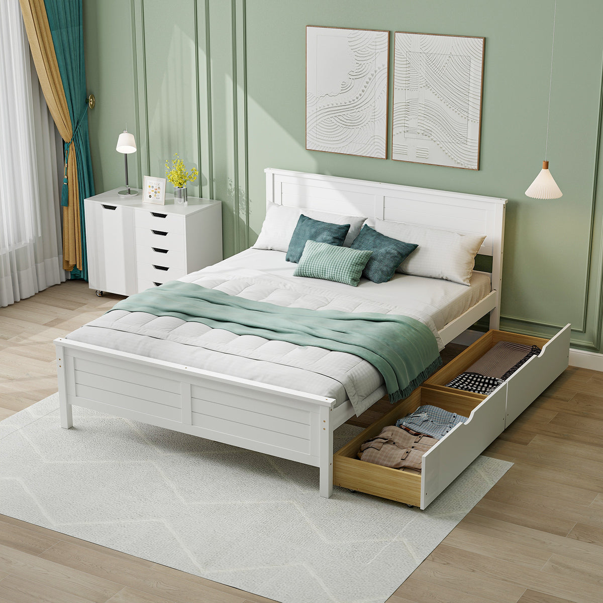 Full Size Bed Frame with Storage Drawers - White
