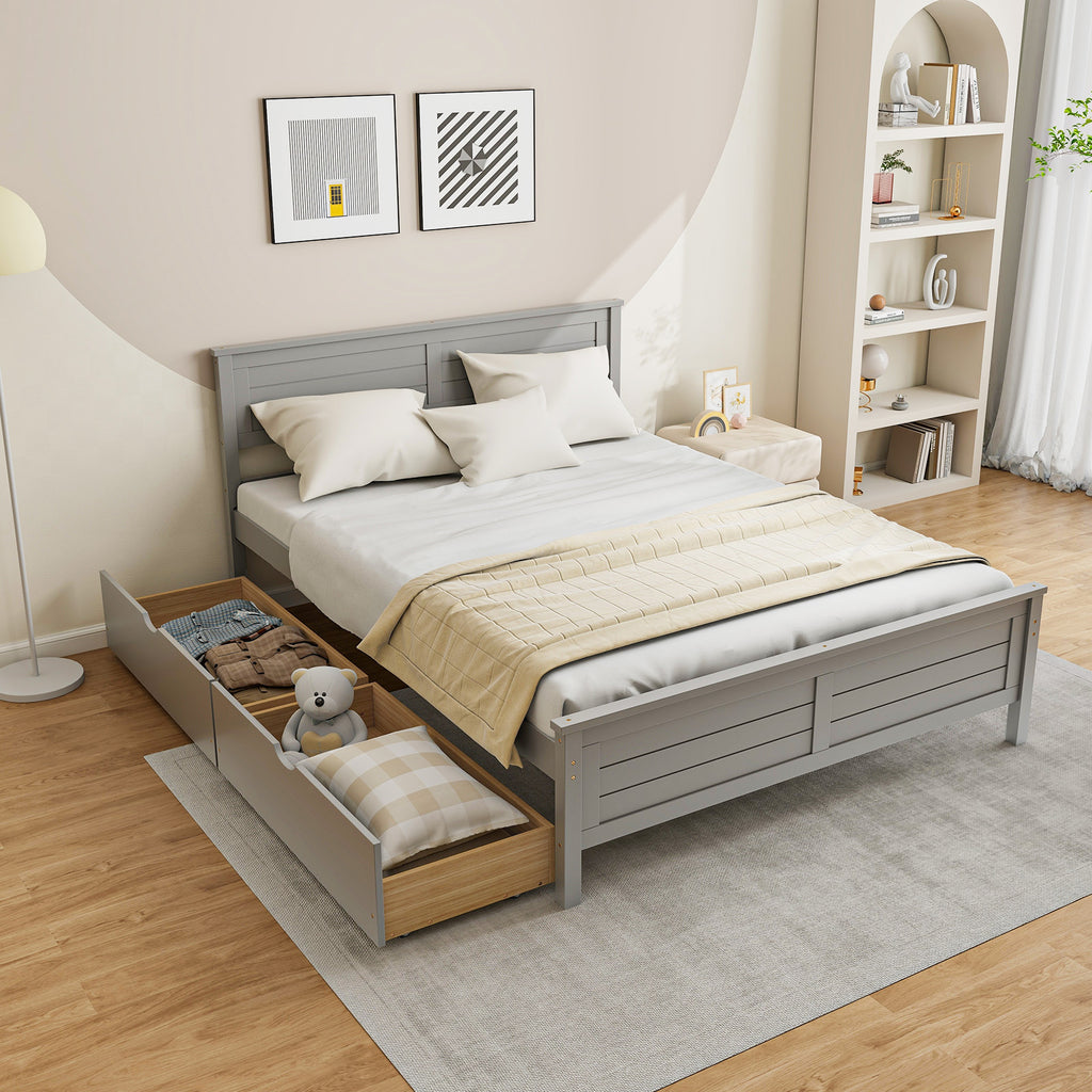 Full Size Bed Frame with Storage Drawers, Gray