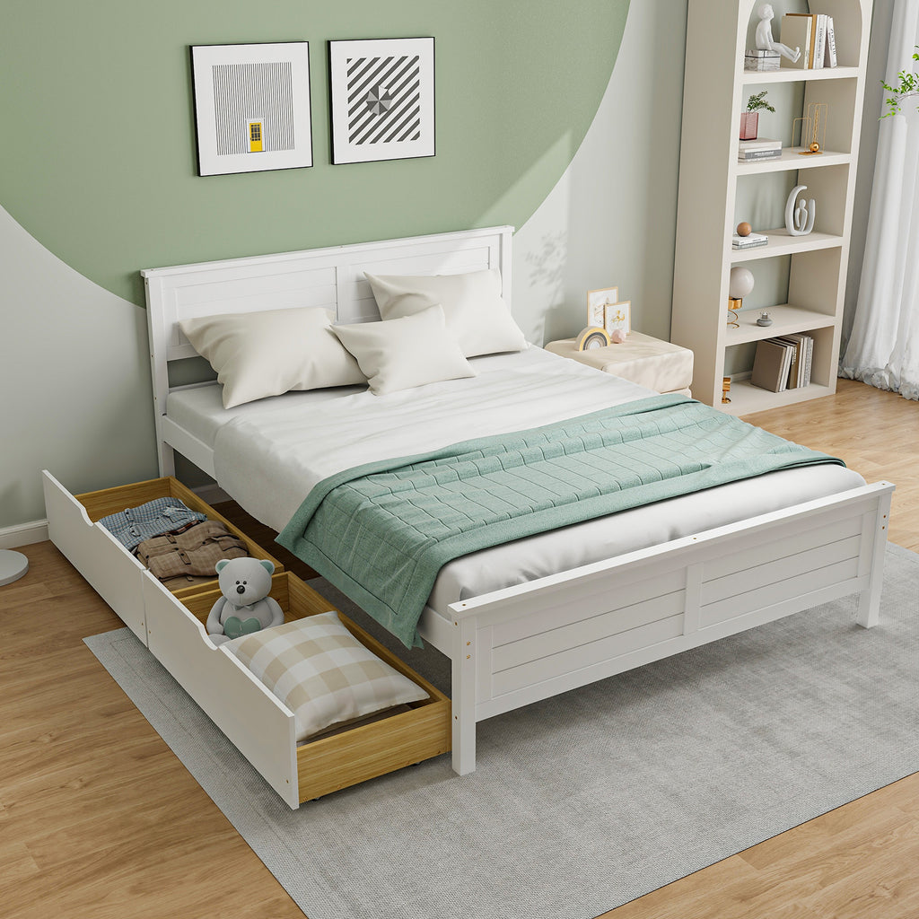 Full Size Bed Frame with Storage Drawers - White