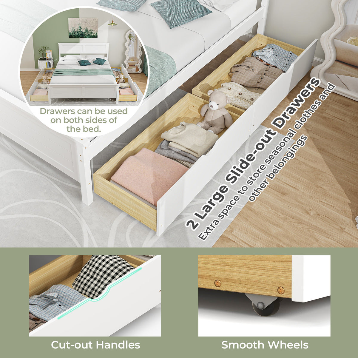 Full Size Bed Frame with Storage Drawers - White