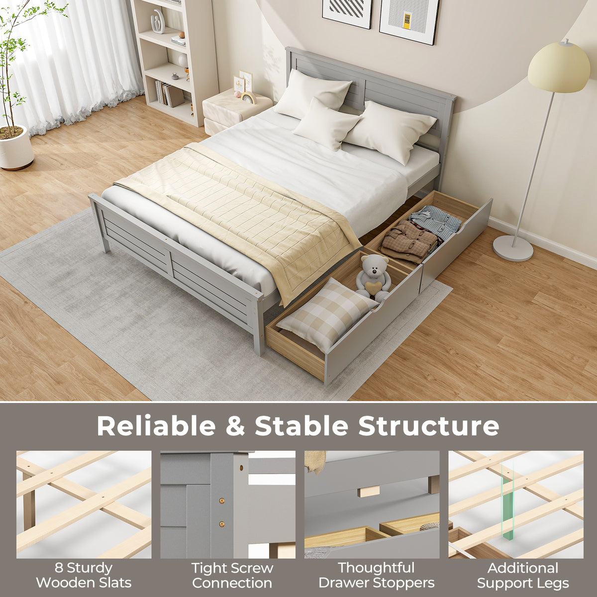 Full Size Bed Frame with Storage Drawers, Gray