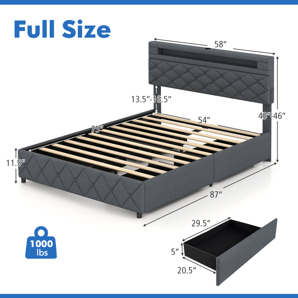 Full/Queen Upholstered Storage Bed Frame with LED Headboard