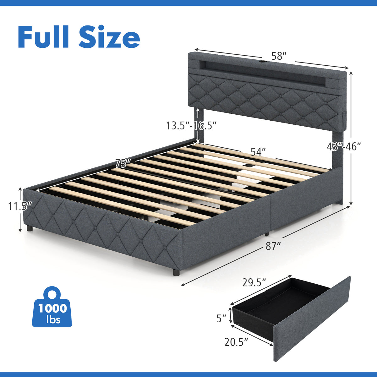 Full/Queen Upholstered Storage Bed Frame with LED Headboard