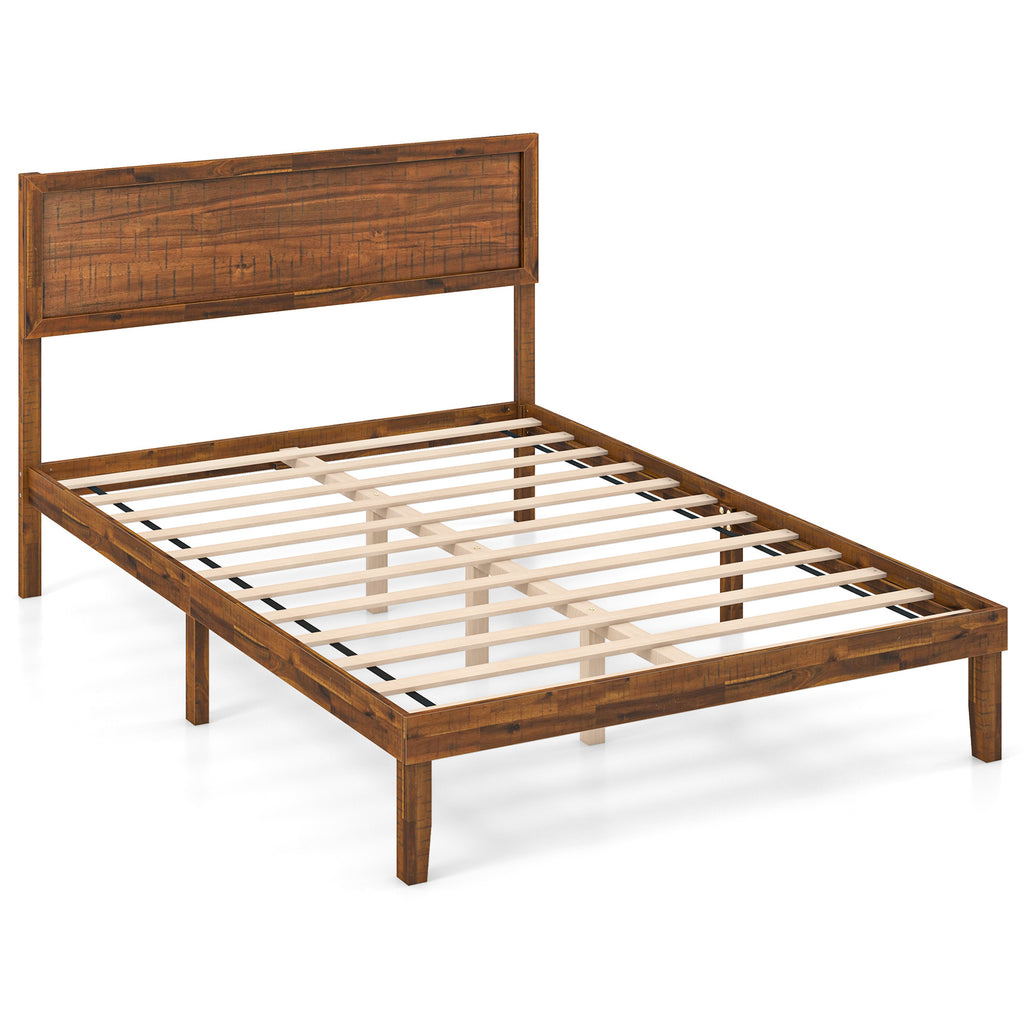 Wooden Bed Frame with Headboard & Slats - Full, Brown