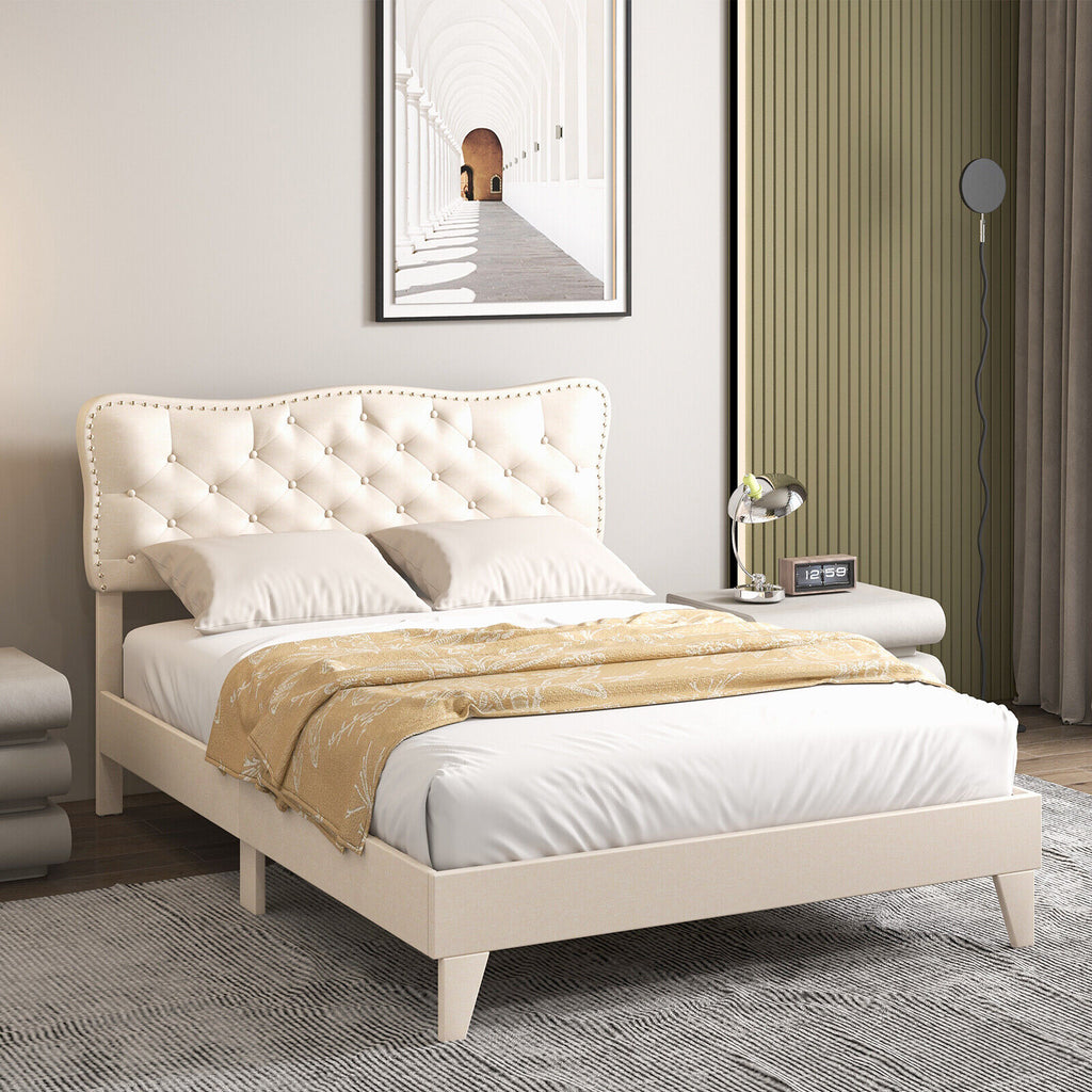 Full Size Bed Frame with Nail Headboard & Wooden Slats