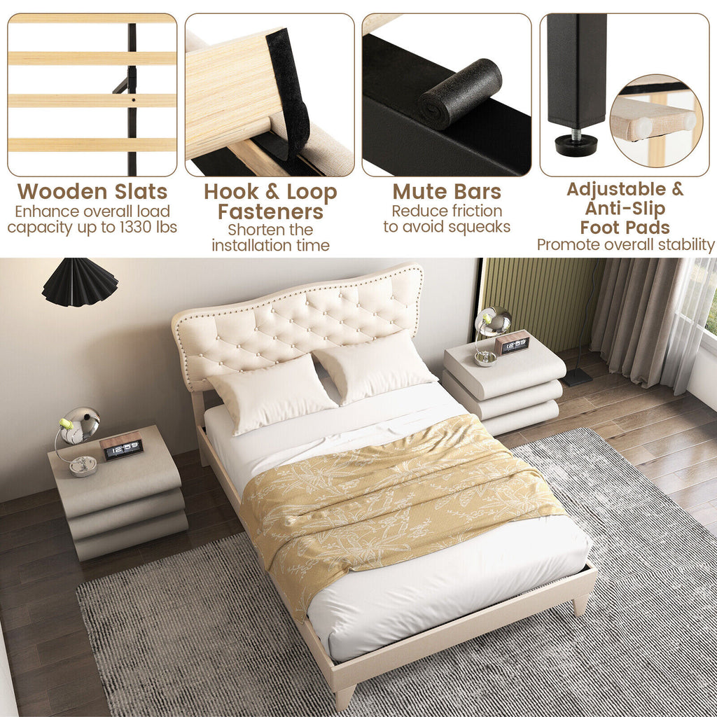 Full Size Bed Frame with Nail Headboard & Wooden Slats