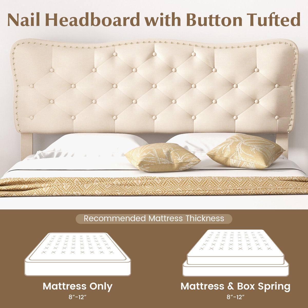 Full Size Bed Frame with Nail Headboard & Wooden Slats