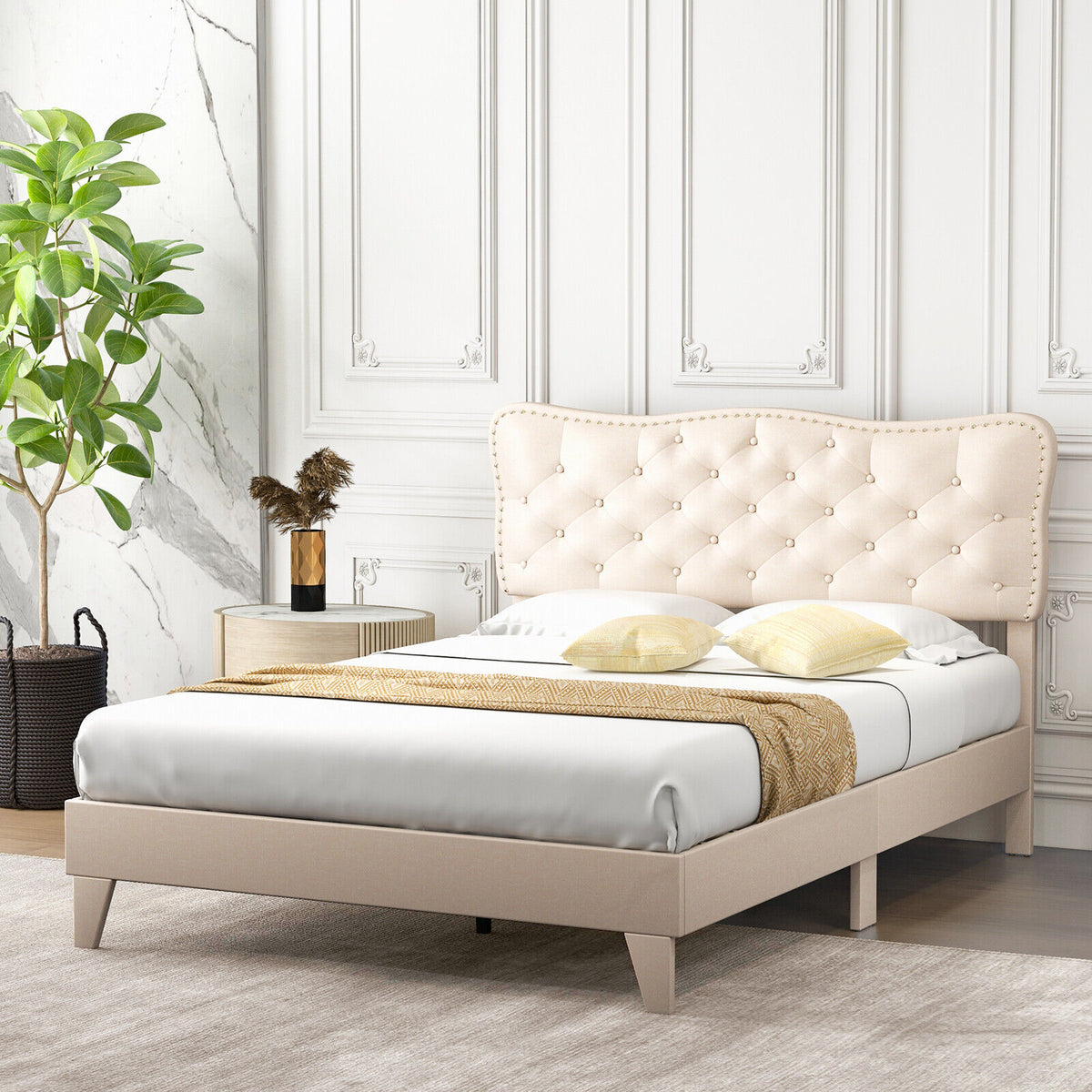 Full Size Bed Frame with Nail Headboard & Wooden Slats