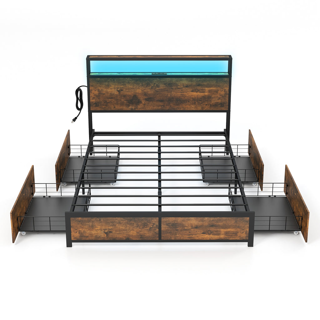 Full Queen Bed Frame with 2 Storage Drawers & Charging Station - Industrial