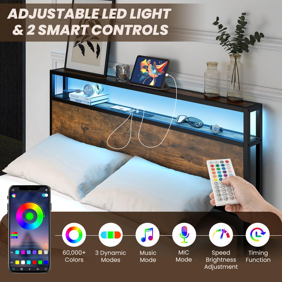 Full/Queen LED Storage Bed Frame with Smart Lights - Industrial, 4 Drawers