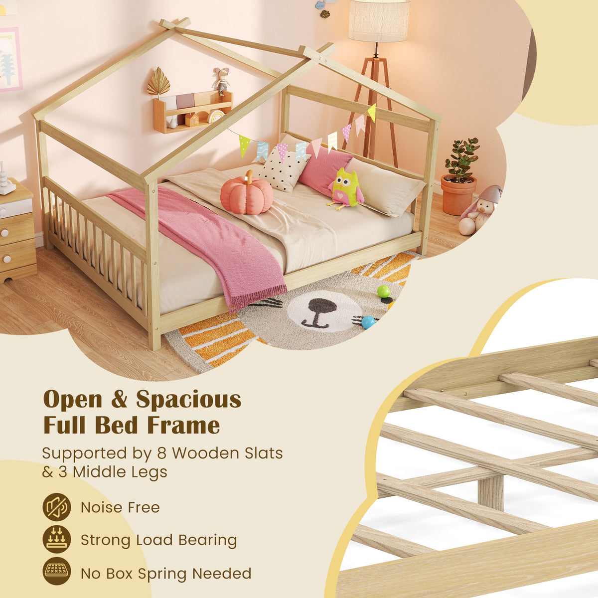Twin Size House Floor Bed with Headboard - Natural