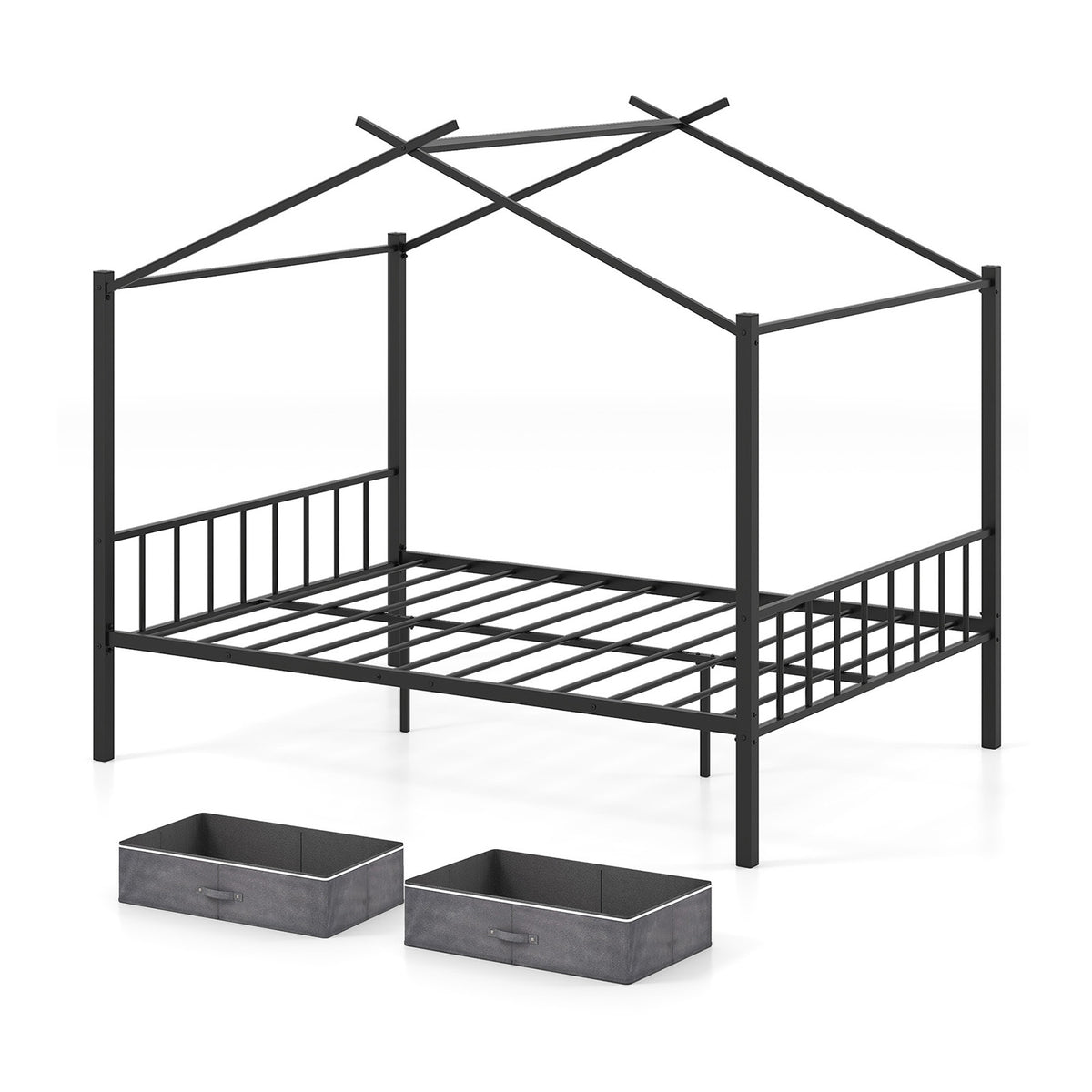 Full Size Metal House Bed with 2 Fabric Drawers - Black Kids Bed