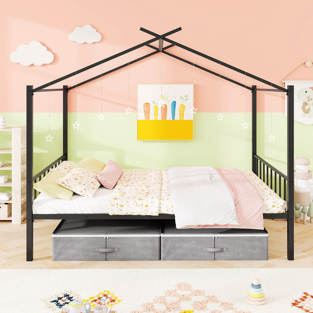 Full Size Metal House Bed with 2 Fabric Drawers - Black Kids Bed
