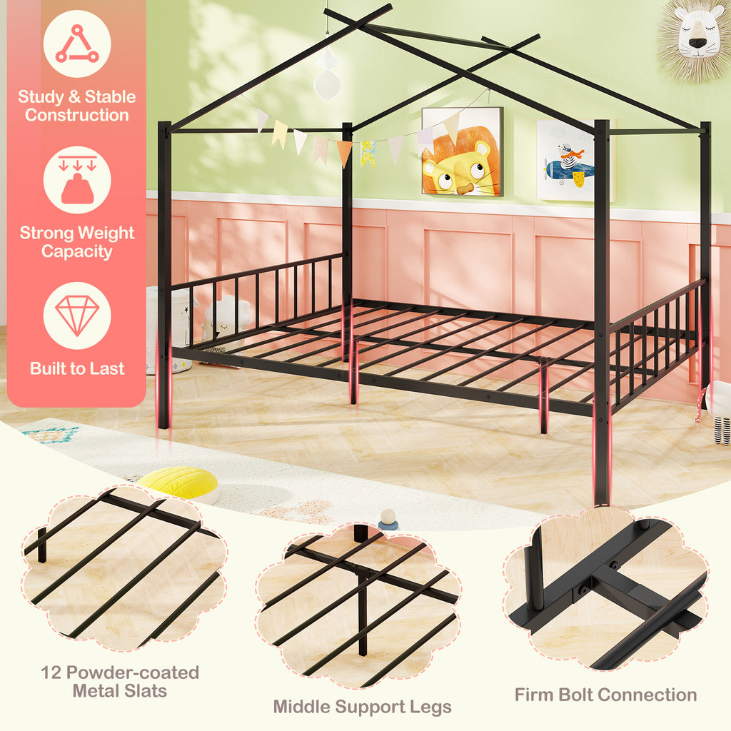 Full Size Metal House Bed with 2 Fabric Drawers - Black Kids Bed