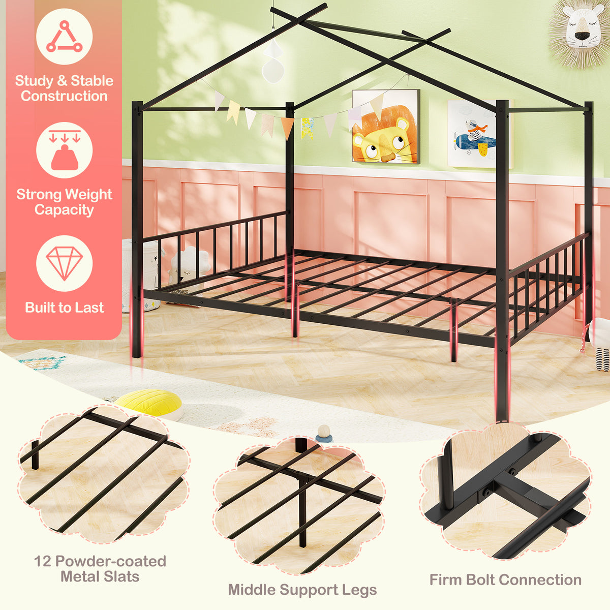Full Size Metal House Bed with 2 Fabric Drawers - Black Kids Bed