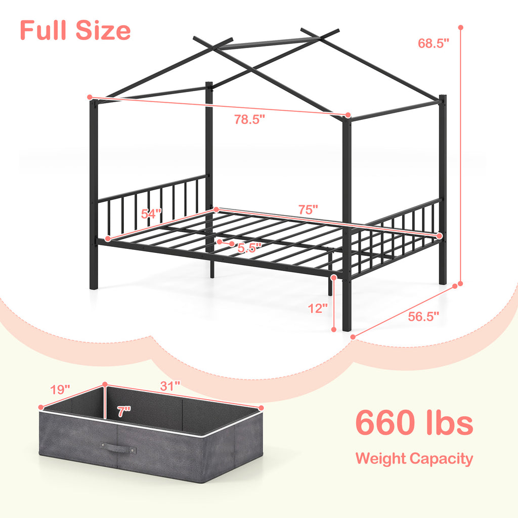 Full Size Metal House Bed with 2 Fabric Drawers - Black Kids Bed
