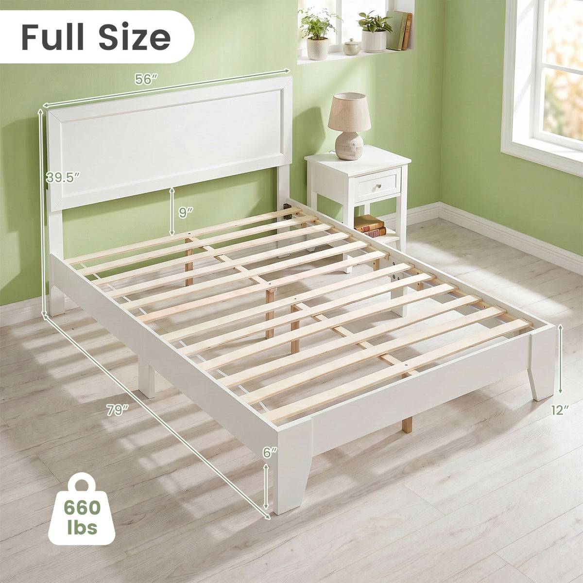 Full Size Modern Bed Frame with Headboard, White