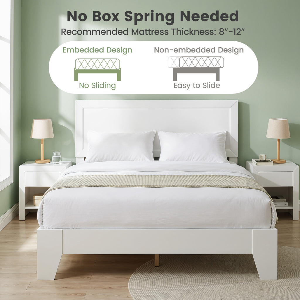Full Size Modern Bed Frame with Headboard, White
