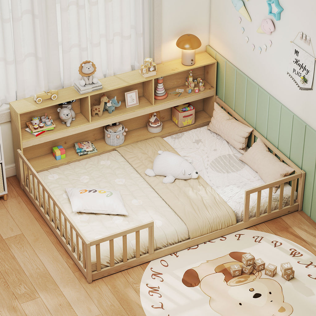 Full Size Montessori Floor Bed with Bookcase - Natural