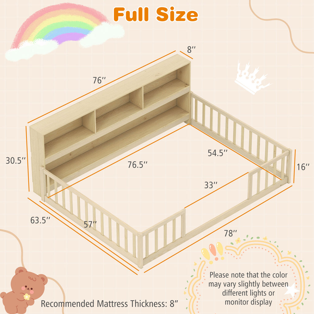 Full Size Montessori Floor Bed with Bookcase - Natural