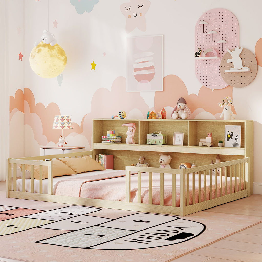 Full Size Montessori Floor Bed with Bookcase - Natural