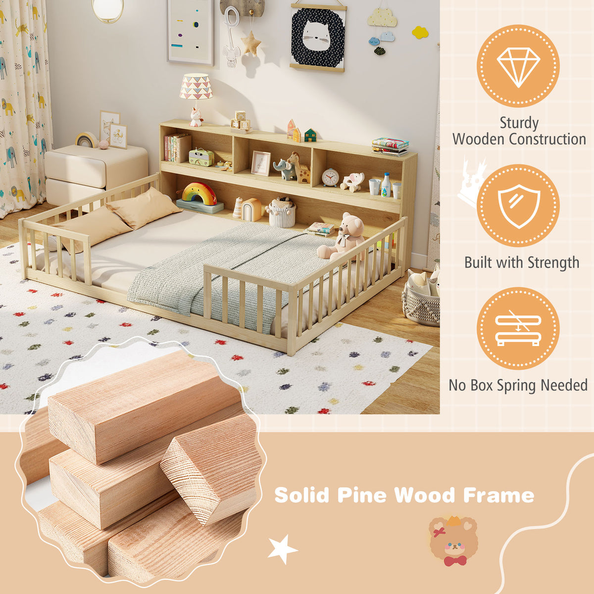 Full Size Montessori Floor Bed with Bookcase - Natural