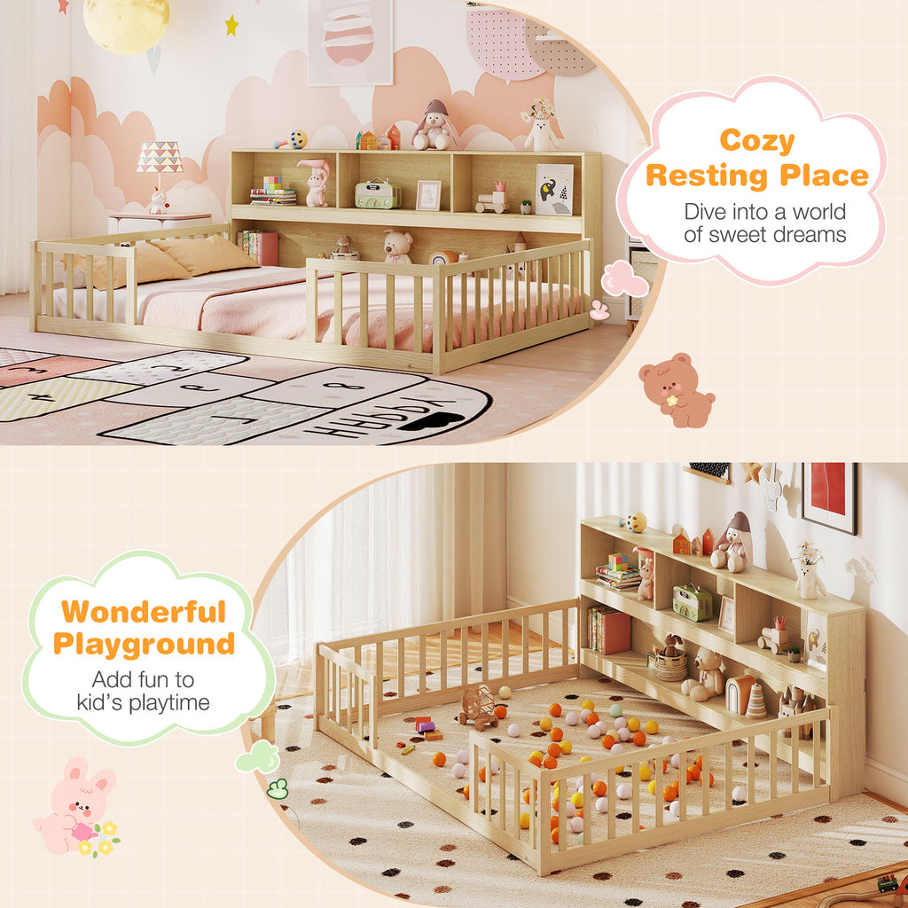 Full Size Montessori Floor Bed with Bookcase - Natural
