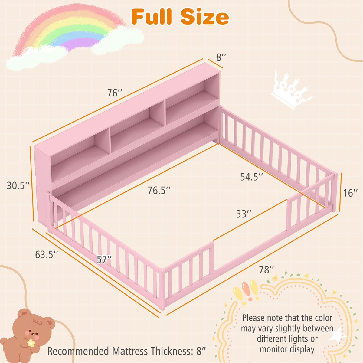 Montessori Floor Bed with Bookcase - Full Size, Pink